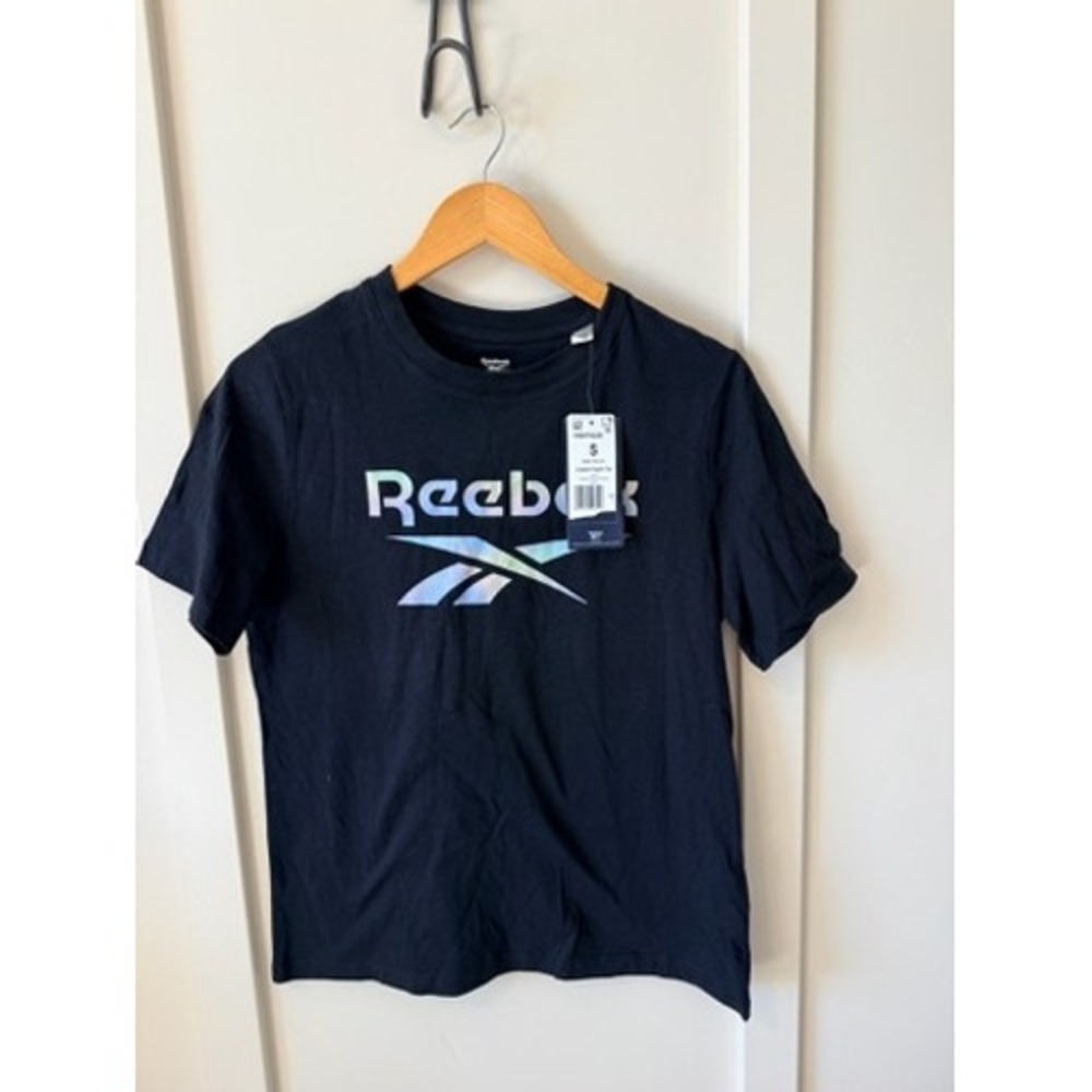 Reebok Womens Black Iridescent Holographic Logo Graphic T-Shirt Small NEW